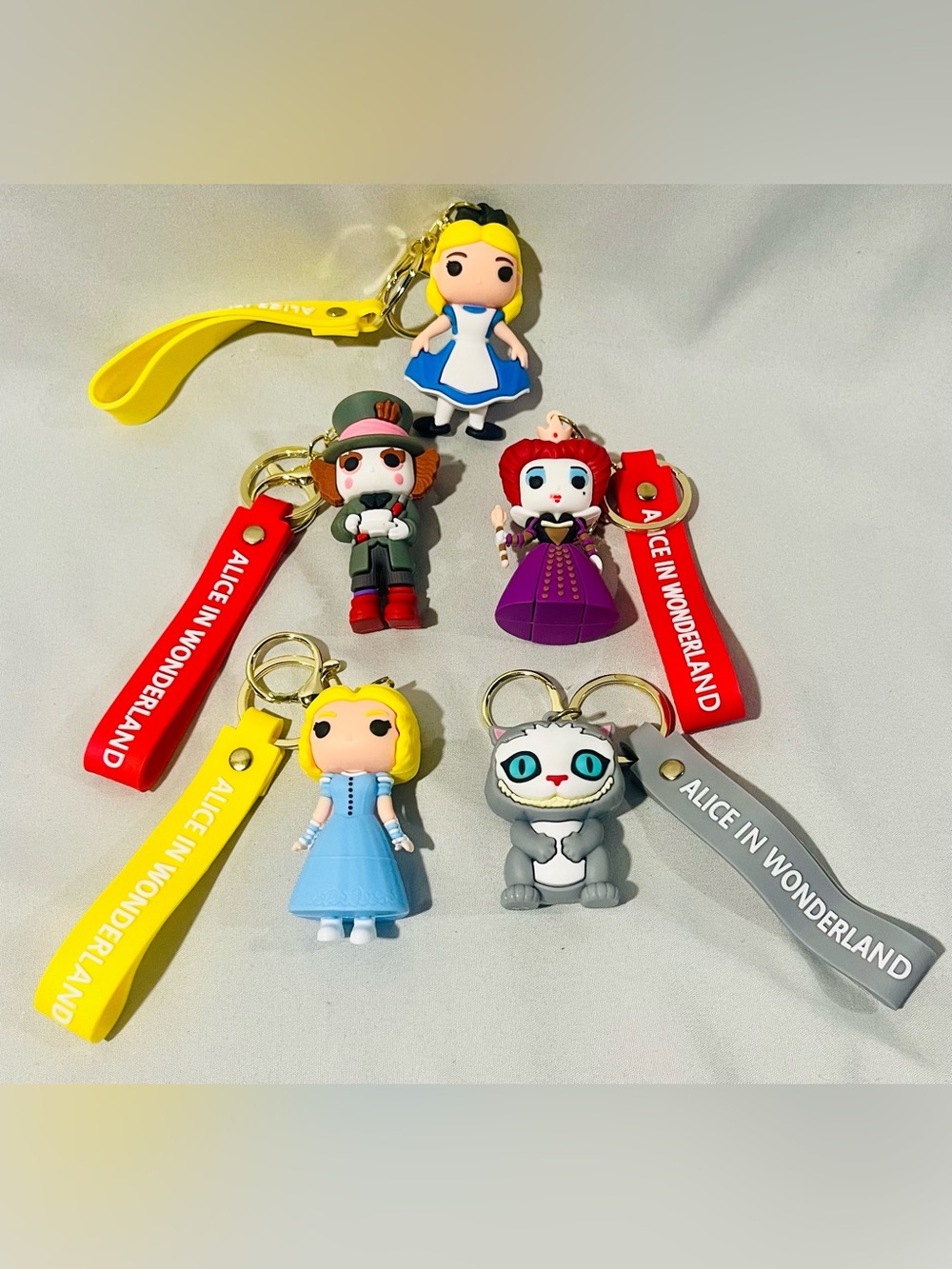 Alice in Wonderland Keychain Set - Yellow, Red, Gray, Blue Characters - 5 Pack